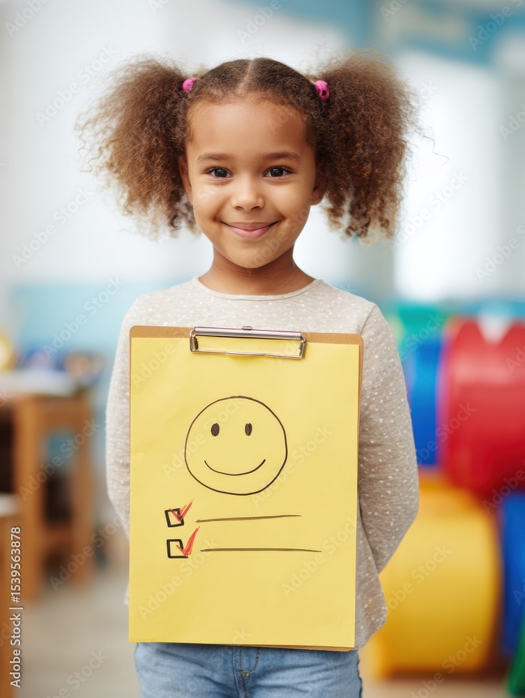 Poster positive classroom environment checklist held by a smiling child in an educational setting