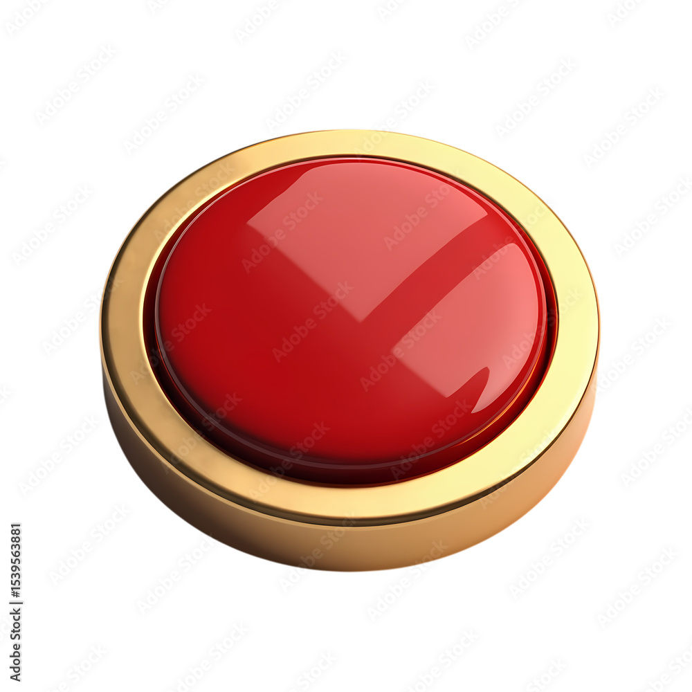 Poster isolated red circular button with a golden metallic border isolated on transparent background