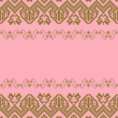 An elegant and traditional Songket Padang textile pattern  geometric motifs in a warm golden-brown on a soft pink background. Classic Indonesian design symmetrical borders traditional weaving artistry