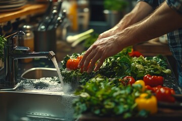 People washing raw vegetables at the sink in the kitchen, preparing ingredients for cooking a fresh and healthy meal., Generative AI