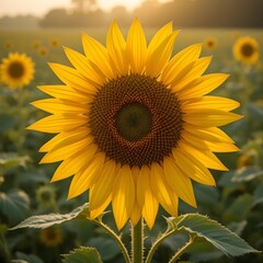 Fototapeta premium A close up shot of a vibrant sunflower in a field with a soft focus background at golden hour light