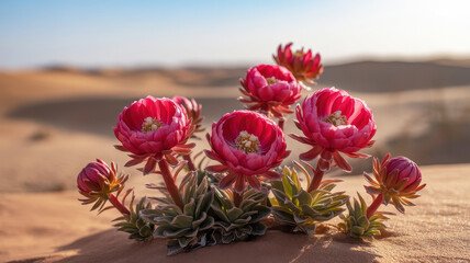 Vibrant pink desert flowers bloom against sandy landscape, showcasing resilience and beauty