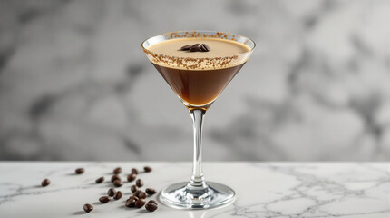 Martini glass filled with creamy espresso martini garnished with coffee beans sits on marble surface