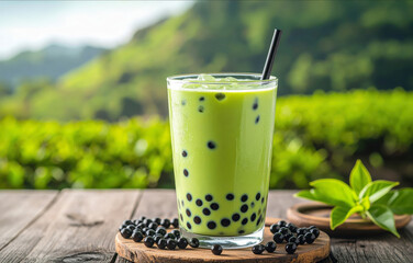A Refreshing glass of iced matcha bubble tea with black tapioca pearls sits on wooden table, surrounded by lush greenery