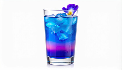 A Vibrant blue and purple layered cocktail with ice cubes and purple flower garnish in clear glass