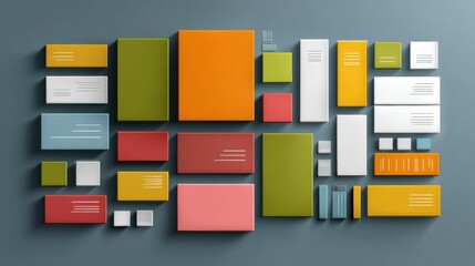 Conceptual Modular Infographic Layout Template Featuring a Collection of Blank Blocks in Various Shapes and Colors on a Neutral Background