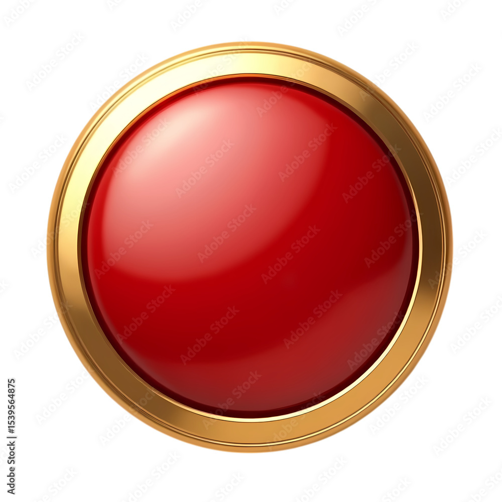Poster a glossy red button with a gold ring isolated on transparent background