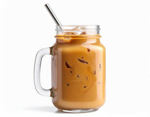 Creamy iced coffee in glass jar with metal straw, isolated on white. Refreshing and delicious