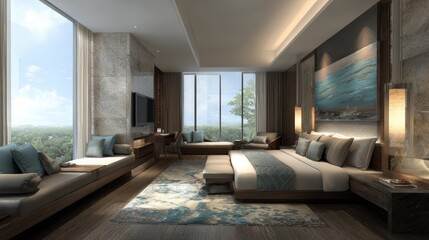 Bangkok condo unit interior with large bed, soft lighting, and wall storage