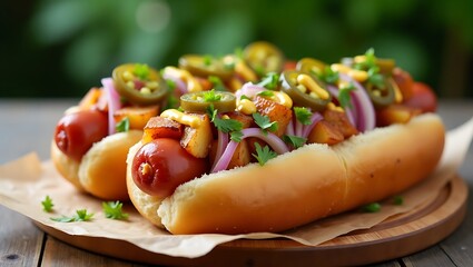 Gourmet Hot Dog with Grilled Potatoes, Jalapeños, and Fresh Herbs