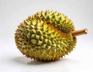 A Spiky durian fruit with thick, thorny shell on white background. fruit is known for its strong aroma and unique flavor