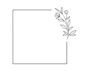 Floral and square hand drawn style. Floral black and white frame of twigs, leaves and flowers. Frames for the Valentine's day, wedding decor, logo and identity template.