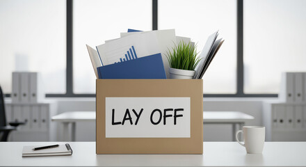 A Cardboard box with office supplies labeled Lay Off on desk, symbolizing job loss. scene is set in modern office environment