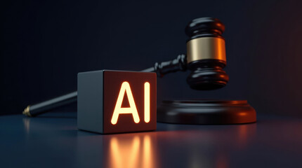 Glowing AI cube sits beside judge gavel, symbolizing intersection of technology and law