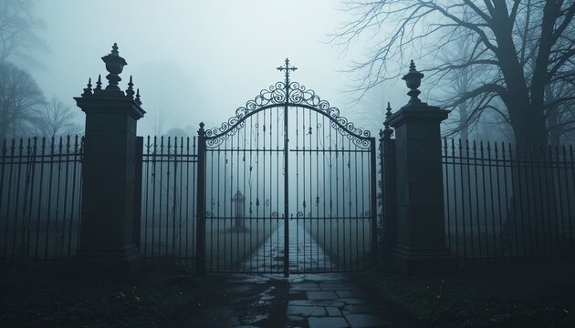 Ornate wrought iron gates in a misty cemetery.