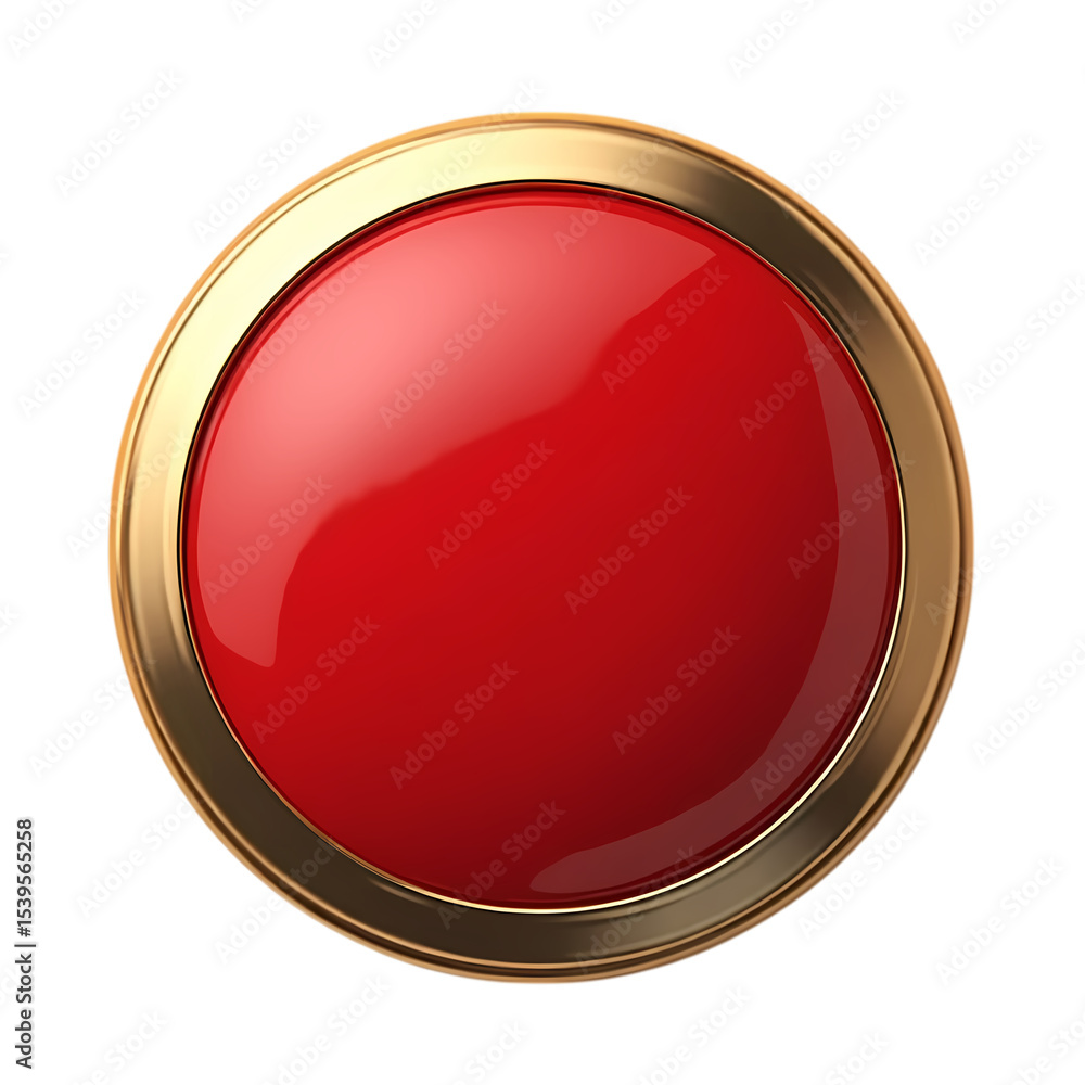 Poster a shiny red button with a golden frame isolated on transparent background