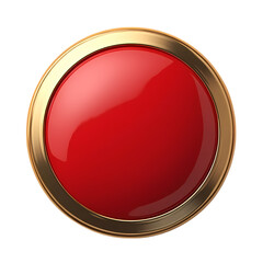 A shiny red button with a golden frame isolated on transparent background