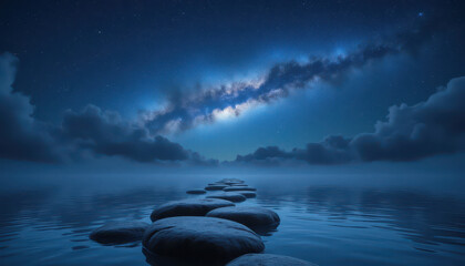 Serene night scene with stone path leading into calm water under starry sky and Milky Way