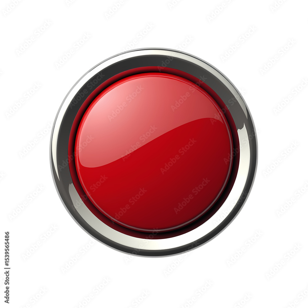 Poster a single red button with a chrome border isolated on transparent background
