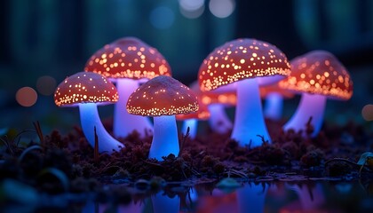 Fototapeta premium Glowing blue and orange bioluminescent mushrooms in dark forest environment at night