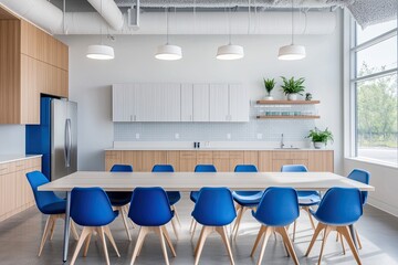 Modern office kitchen area with a long communal table and blue chairs.  Light wood cabinets, white walls, and bright lighting