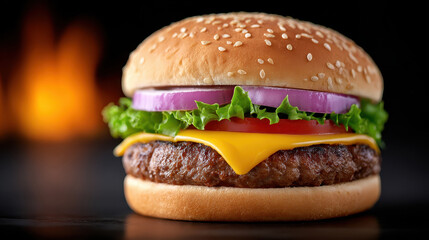 Juicy cheeseburger with lettuce, tomato, and onion on sesame seed bun against fiery background
