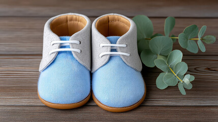 Adorable blue baby shoes with white laces on wooden background, accompanied by eucalyptus leaves