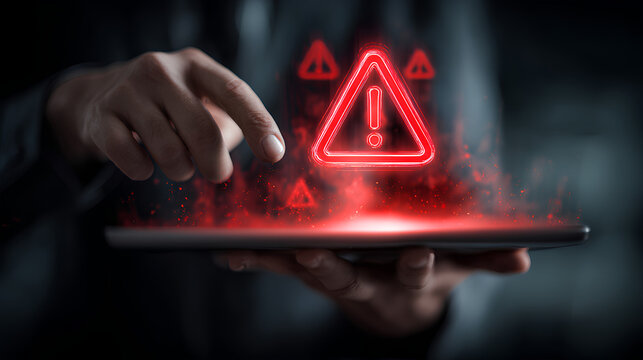 AI, technology, and cybersecurity warnings displayed as red holograms above a tablet in businessman hand, future chatbot. Robot assistant, danger alert, privacy breach, and hacker risk