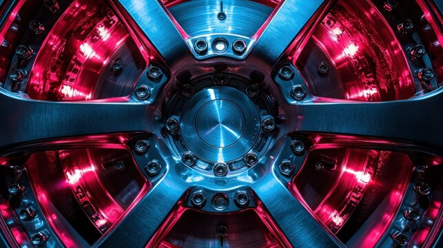 Metal wheel close-up, vivid pink and cyan lighting