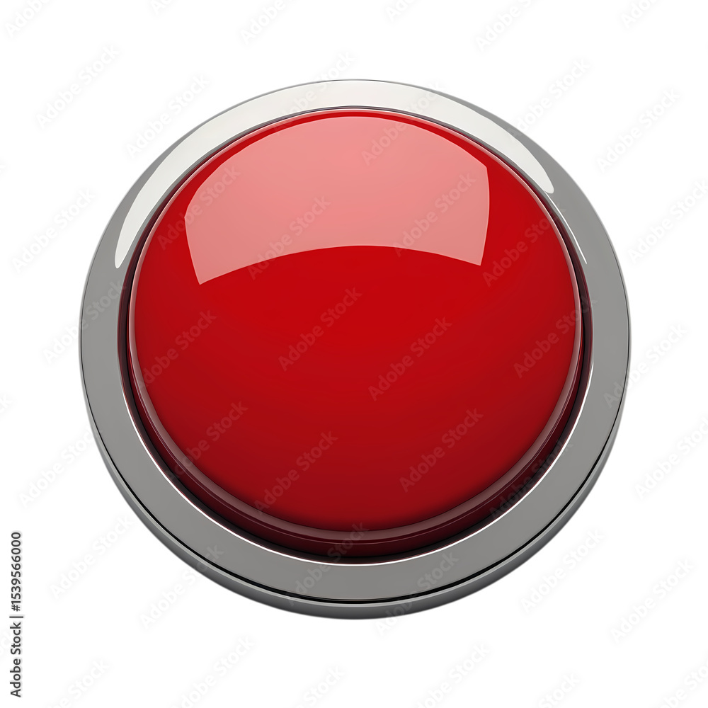Poster isolated red button with chrome border isolated on transparent background