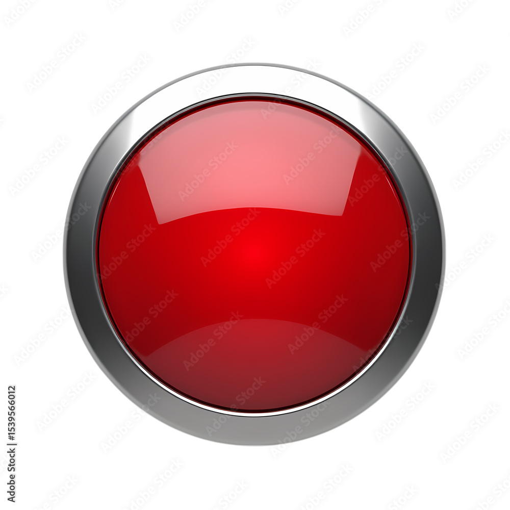 Poster a shiny red button with a chrome border isolated on transparent background