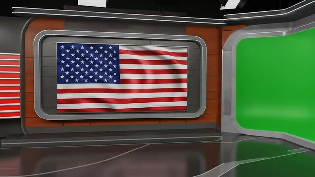 American Flag on Virtual Studio Set  Professional Broadcast Background with Green Screen