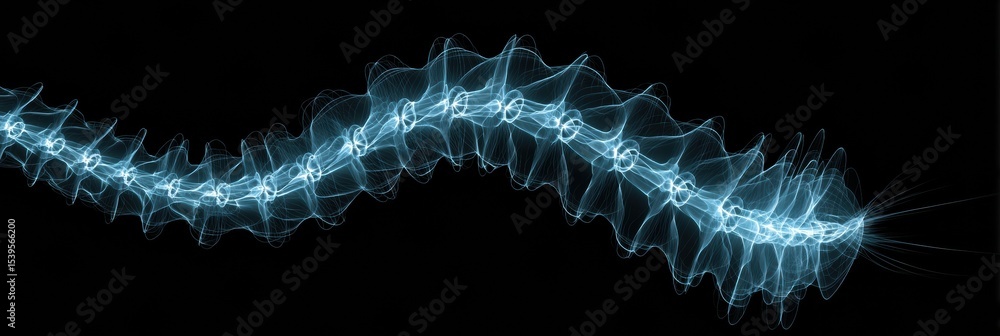 Poster stylized energy pulses flow along a dynamic spinal line in kinetic style against a dark backdrop