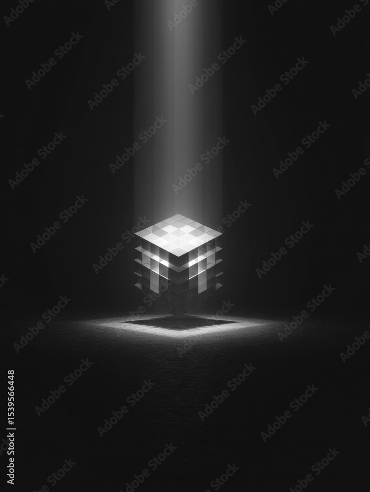 Poster cube spins and opens to reveal a bright light illuminating a dark space