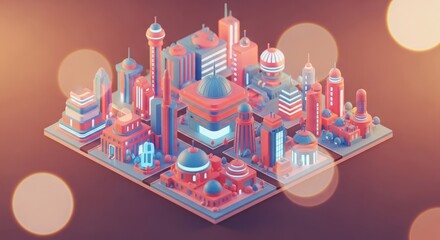 Naklejka premium Isometric illustration of a stylized city featuring diverse buildings, domes, and towers.