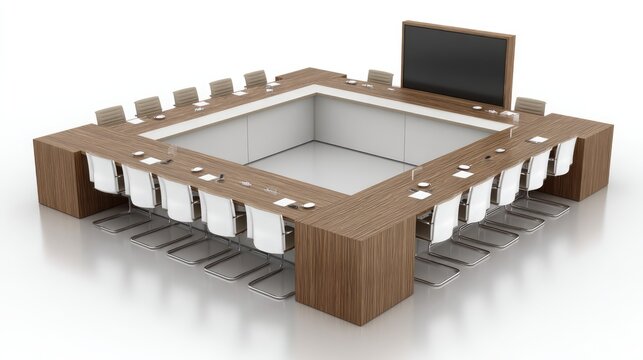 U-shape meeting table layout with open center and screen at the front