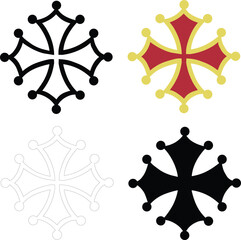 Occitan cross icon. Golden and red occitan cross sign. Black occitan cross symbol. flat style.