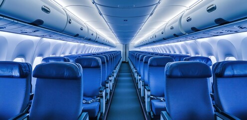 Fototapeta premium Empty airplane cabin with blue seats (7)