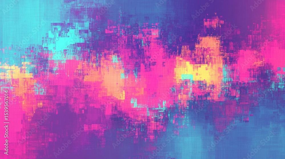 Poster colorful digital glitch effect background with distorted pixel noise, vibrant rgb screen error patte