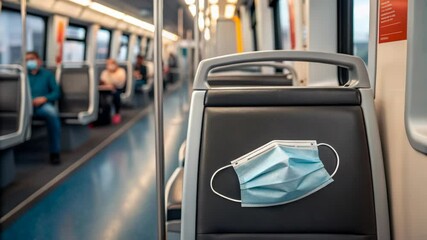 A forgotten face mask rests on an empty seat aboard a public transit train showcasing the ongoing impact of health safety precautions on daily commutes and urban life. - Powered by Adobe