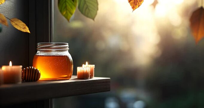 Golden honey in a glass jar sits on a wooden shelf near a window, illuminated by warm sunlight.  Autumn leaves and lit candles create a cozy ambiance