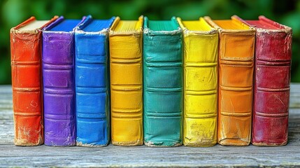 Fototapeta premium Row of rainbow colored books on wooden surface