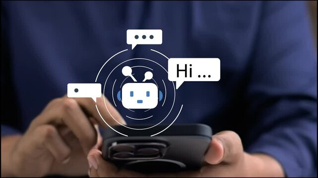 AI Artificial Intelligence, Digital chatbot, Man chatting with digital assistant chatbot on mobile phone on internet application, Future of customer service man utilizes AI chatbot for instant assista