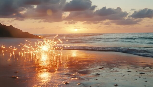 Magical sunset spectacle: Sparkler's shimmering dance on the beach at dusk