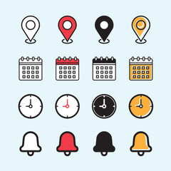 Date, time, address and notification bell icon set. business calendar schedule reminder clock sign and symbols, place pointer map event time elements isolated colorful