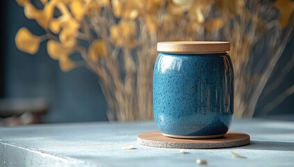 Blue ceramic jar with wooden lid on a light table