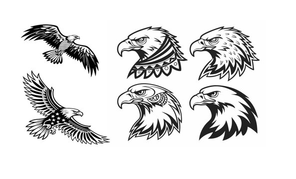 Flying American Eagle Tribal Vector Design &ndash; Bold Black Ink Style with Stars and Stripes