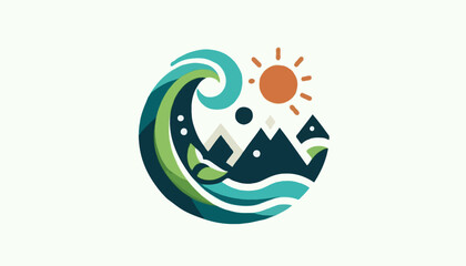 Obraz premium Surfboard company logo with a dynamic wave graphic and bold colors, representing beach vibes
