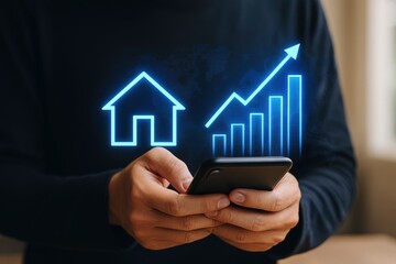 Hand Holding Phone with Digital House & Rising Graph Showing Property Market Increase and Tech Solutions