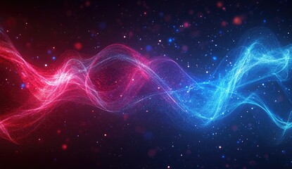 Obraz premium Abstract swirling lines of vibrant red and blue, dotted with shimmering particles against a dark background